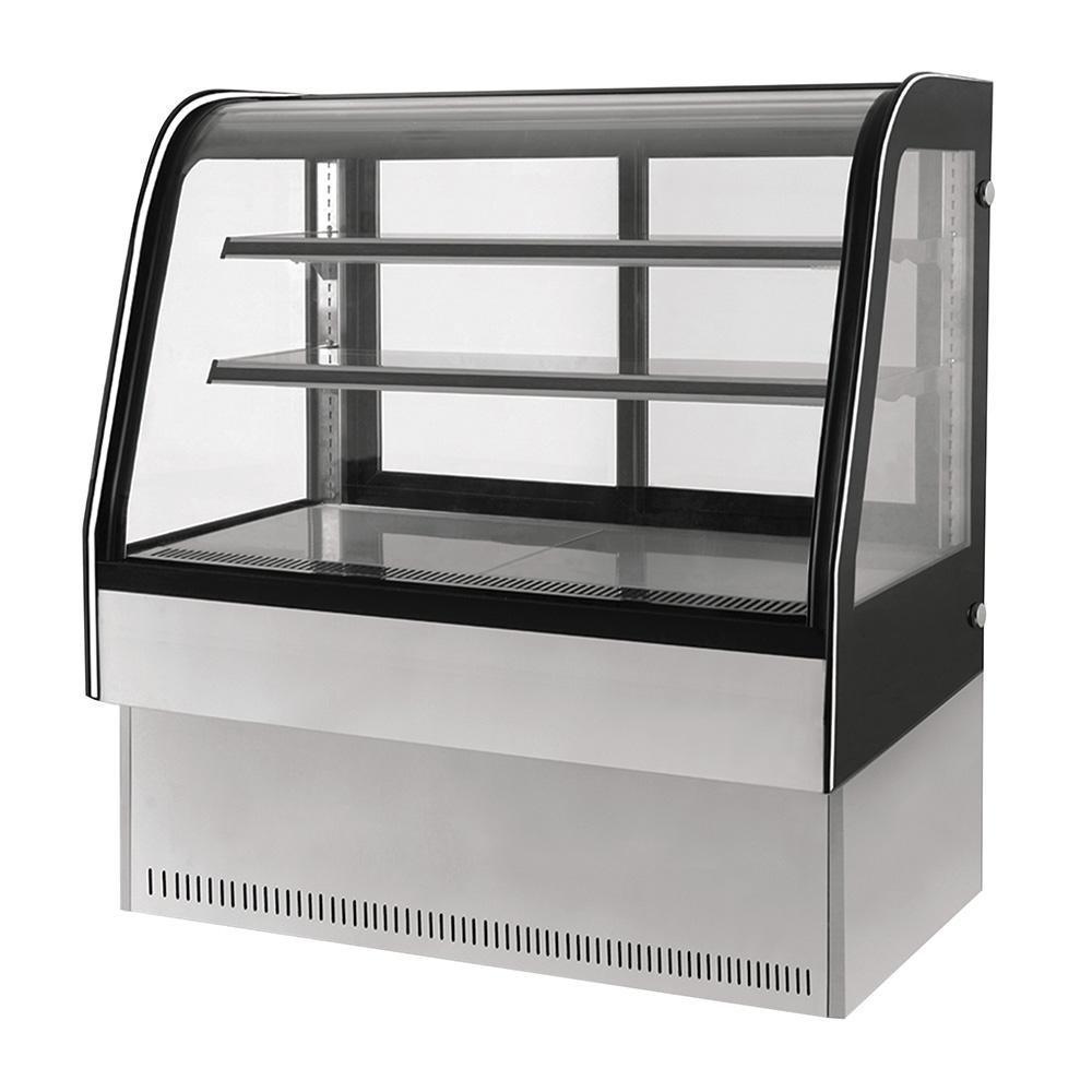 Vitrina exhibidora refrigerada Migsa GN-900C2 de cristal curvo templado con 2 entrepaños de cristal y puertas deslizables, acero inoxidable, frente de 90 cm, 225 litros.