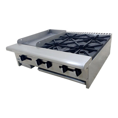 ESTUFA ASBER AEM-G12-B4-36 | Estufa | 4 Quemadores | Plancha | Charola Anti Derrame | Parrilla | Gas | Acero Inoxidable | Cafetería Lonchería Bistró Bar | Parrilla Quemadores Plancha Charola Derrame Coccion Cocina Industriasl Fonda Negocios Lonches