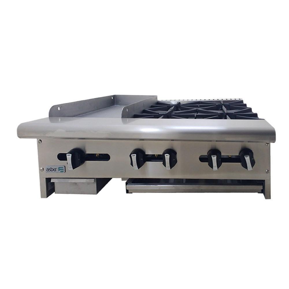 ESTUFA ASBER AEM-G12-B4-36 | Estufa | 4 Quemadores | Plancha | Charola Anti Derrame | Parrilla | Gas | Acero Inoxidable | Cafetería Lonchería Bistró Bar | Parrilla Quemadores Plancha Charola Derrame Coccion Cocina Industriasl Fonda Negocios Lonches