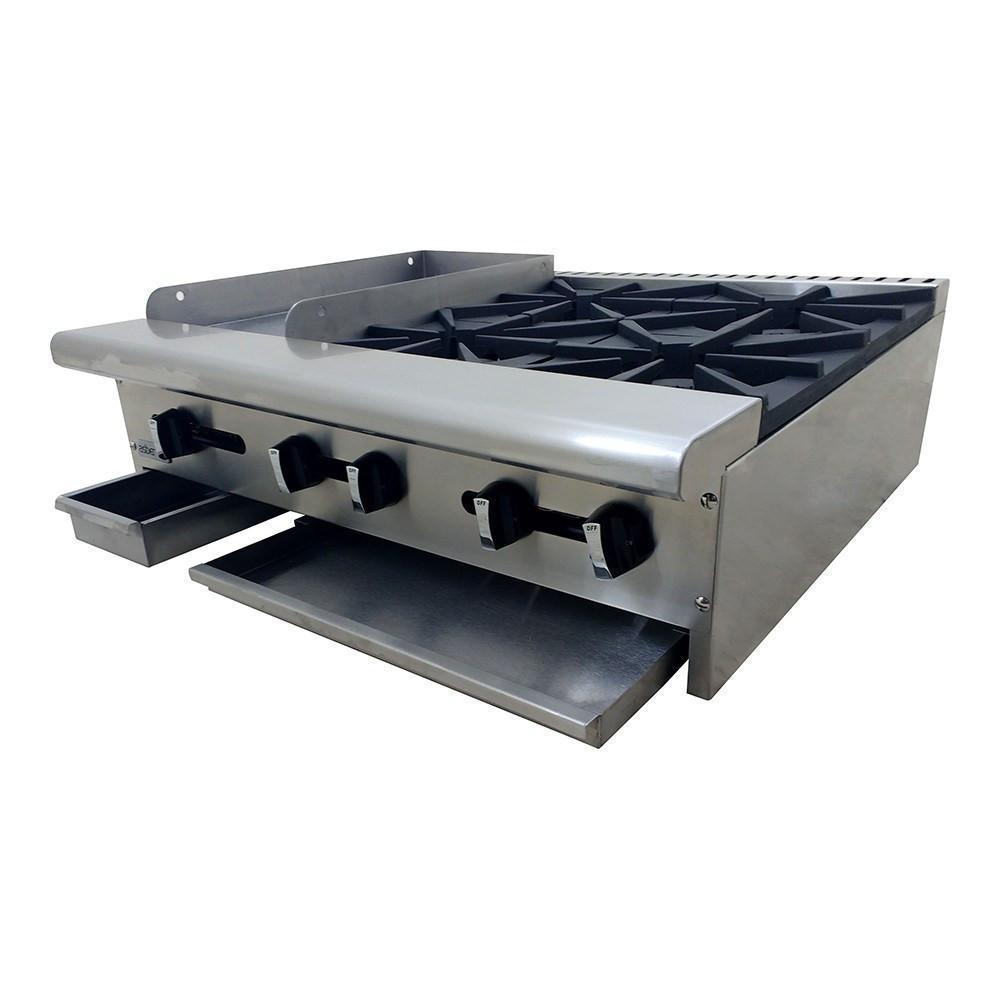 ESTUFA ASBER AEM-G12-B4-36 | Estufa | 4 Quemadores | Plancha | Charola Anti Derrame | Parrilla | Gas | Acero Inoxidable | Cafetería Lonchería Bistró Bar | Parrilla Quemadores Plancha Charola Derrame Coccion Cocina Industriasl Fonda Negocios Lonches