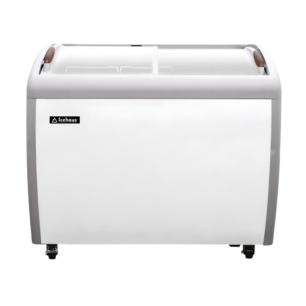 Congelador Icehaus CHPC-260, puerta de cristal curva.