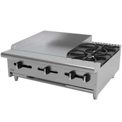 ESTUFA ASBER AEM-G24-B2-36-H | Estufa | 2 Quemadores | Plancha | Charola Anti Derrame | Parrilla | Gas | Acero Inoxidable | Gris | Cafetería Lonchería Bistró Bar | Parrilla Quemadores Plancha Charola Derrame Coccion Cocina Industriasl Fonda Negocios Lonches 36"
