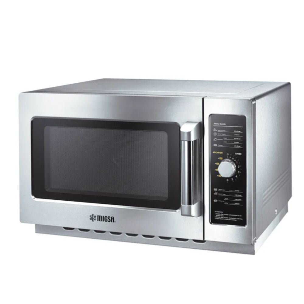 Horno Microondas Migsa MC12A, calentamiento de alimentos, en acero inoxidable.