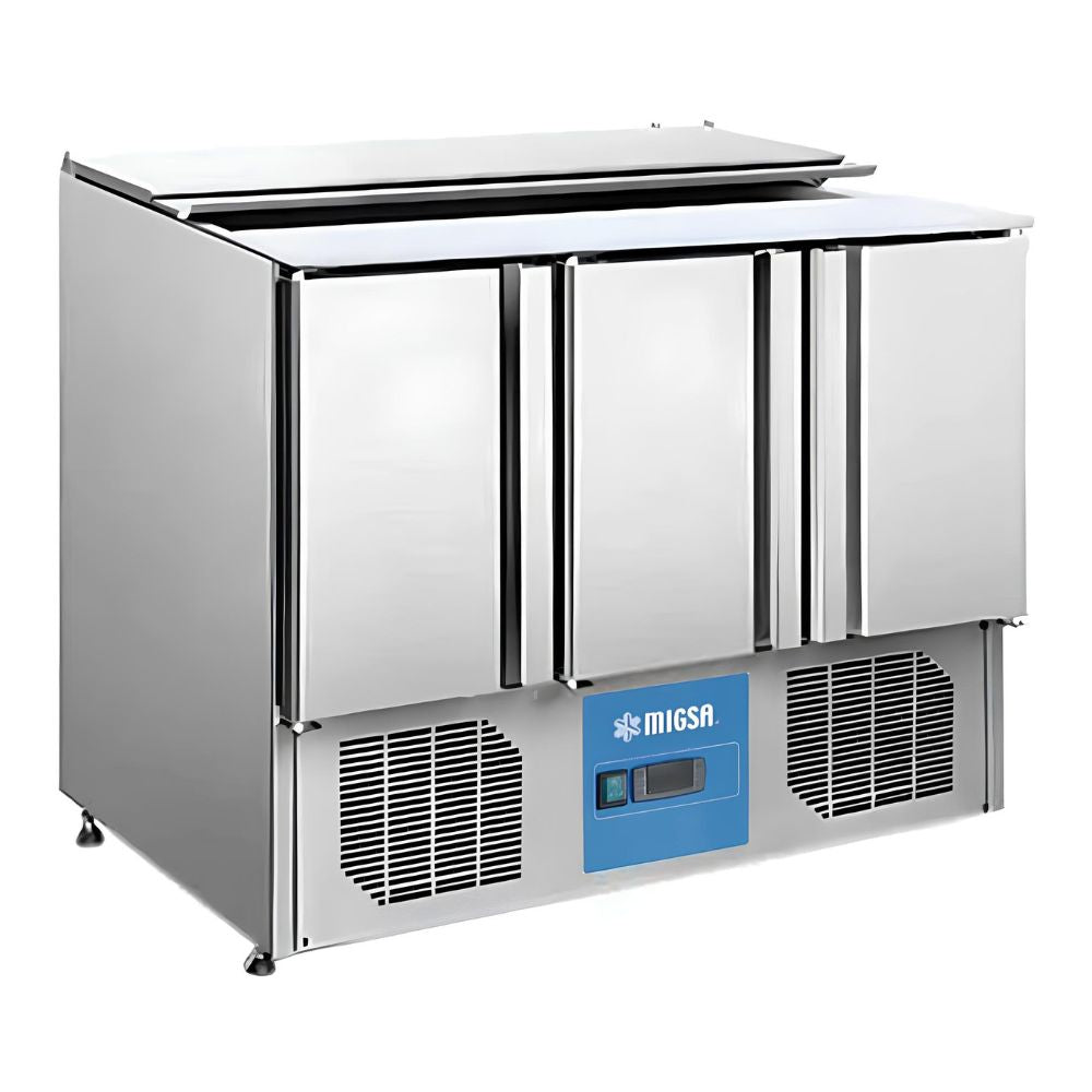 Migsa S903 Barra Fria Ensaladas Tipo Europeo 3 Puertas, en acero inoxidable.