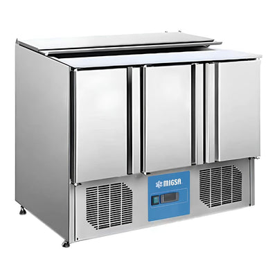 Migsa S903 Barra Fria Ensaladas Tipo Europeo 3 Puertas, en acero inoxidable.