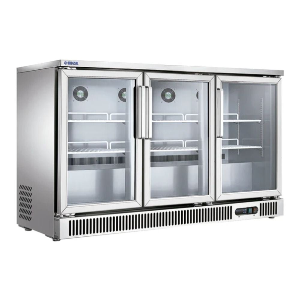 Refrigerador Migsa SG380, 380 litros, en acero inoxidable.