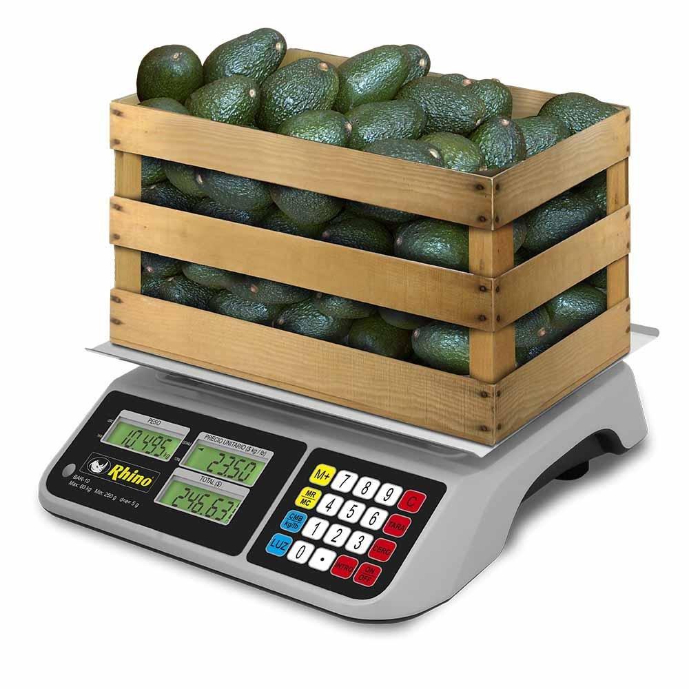 BÁSCULA RHINO BAR-10 | Báscula de Mostrador | 60 Kg | Plato Acero Inoxidable | Tianguis Restaurante Carnicería Carne Ferretería Verduras Frutas Cremería Cocina Comedor Industrial Tienda Abarrotes
