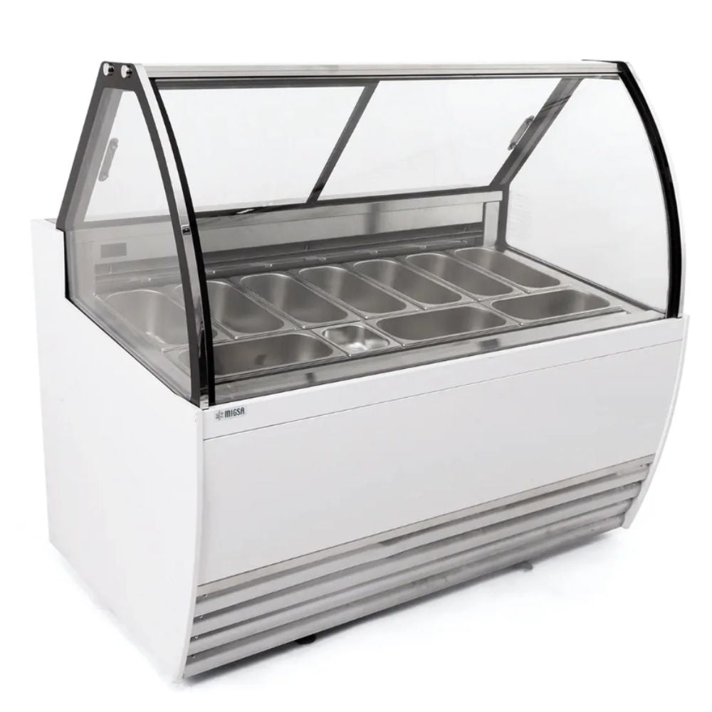 MIGSA DW-10 | Vitrina | Especial para Helados | Exhibidora | Cristal Curvo | 140.8 cm | Acero Inoxidable | Refrigerados Paletería Nevería Negocio Snacks Alimentos Refrigerados Super Mercado Zona de Alimentos 