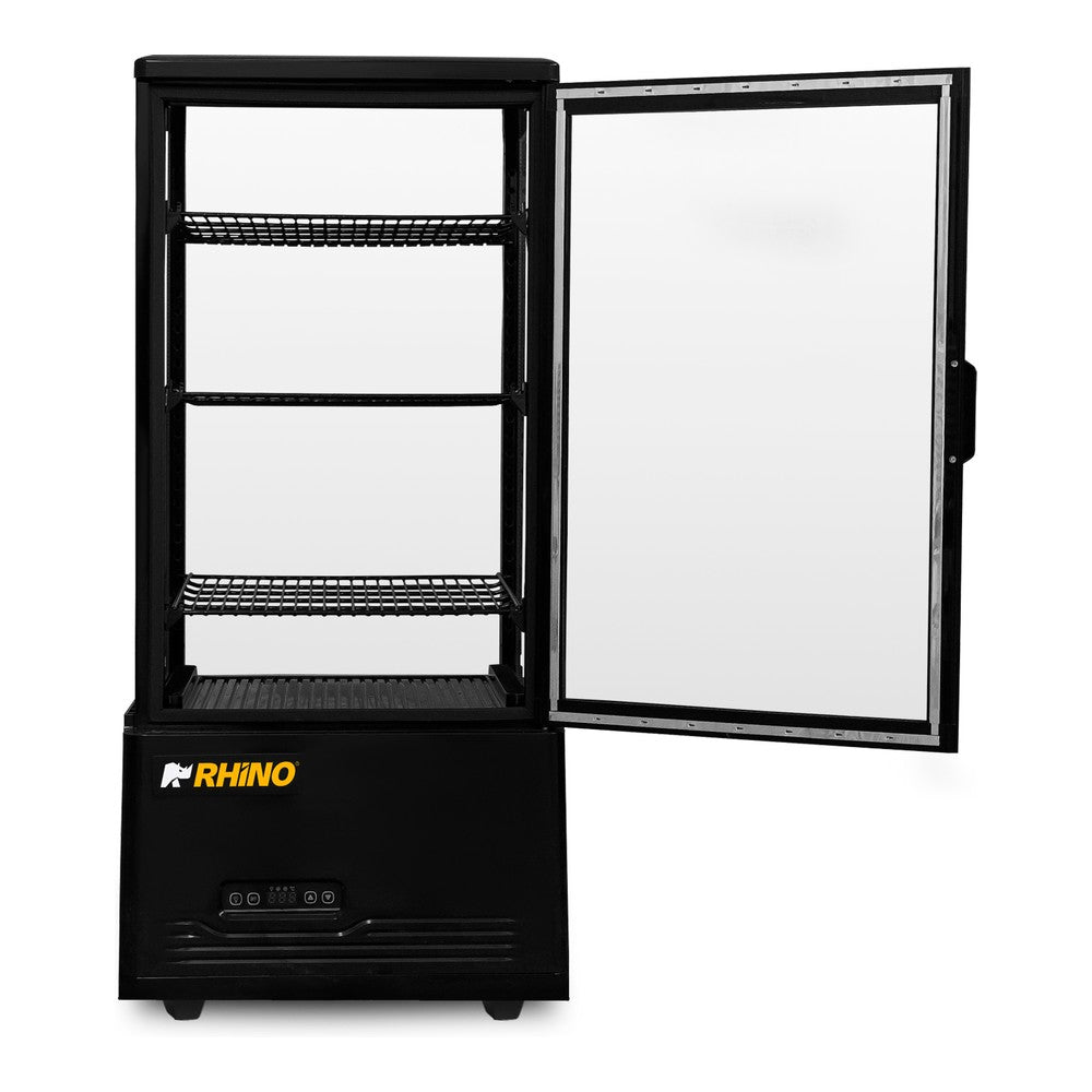 VITRINA REFRIGERADA RHINO VIVEPA-3 | Vitrina Refrigerada Vertical Panorámica | Capacidad 80 L | 4 Lados de Vidrio | Cafetería Pastelería Tienda